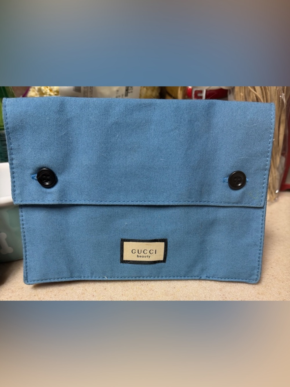 Gucci Blue Canvas Beauty Pouch with Stitched Logo